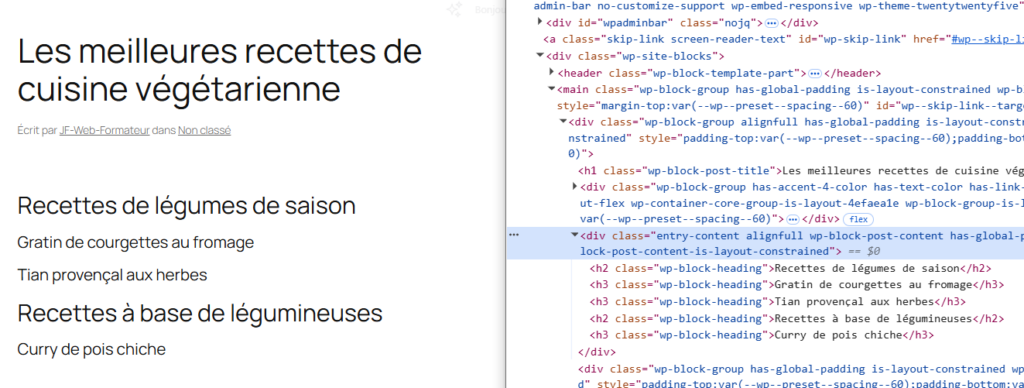  Vue du DOM dans les outils de développement du navigateur, balises h1 et h2 visibles