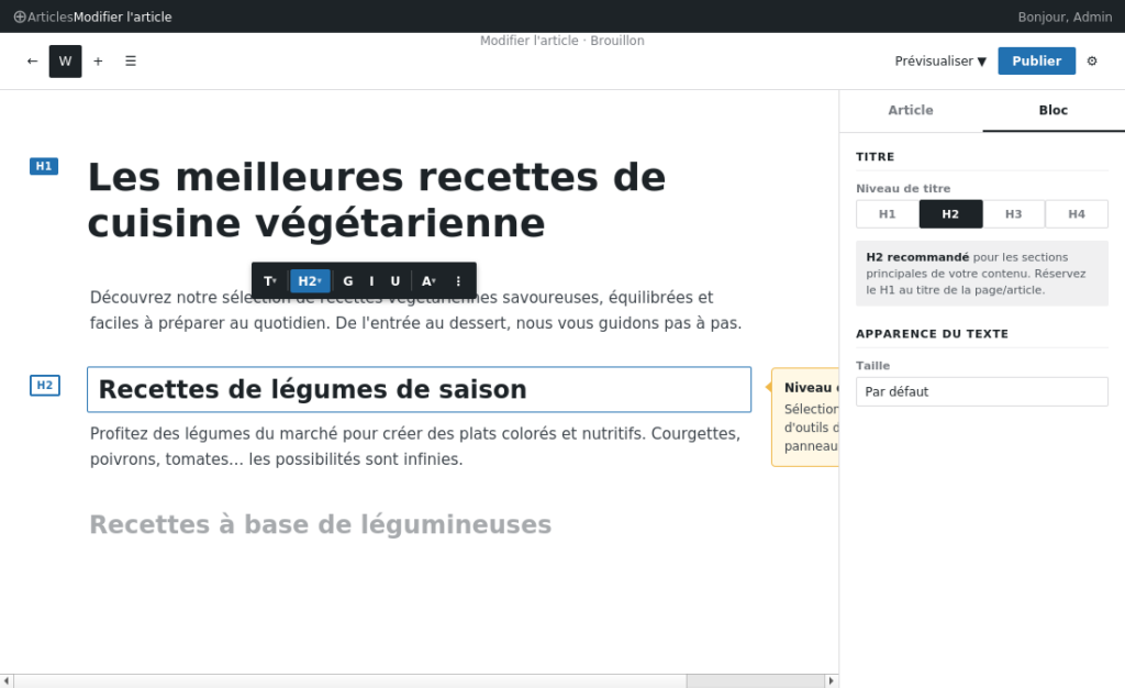 Éditeur Gutenberg : sélection du niveau H2 dans la barre d'outils et dans le panneau latéral