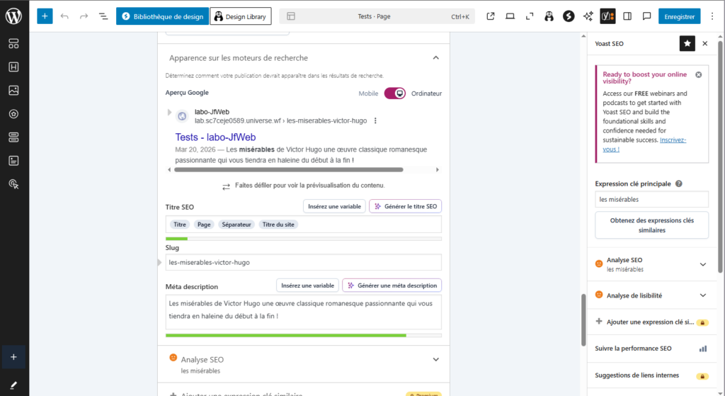 Panneau Yoast SEO  : champs titre SEO et méta-description remplis avec aperçu du snippet