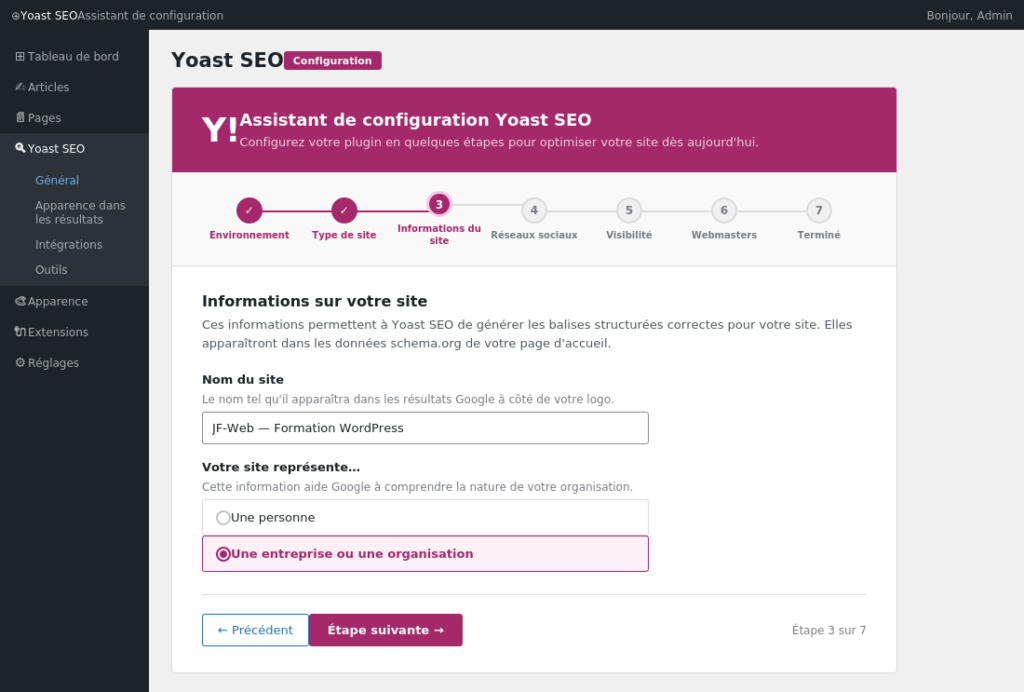 Assistant de configuration Yoast SEO : étape "Informations du site