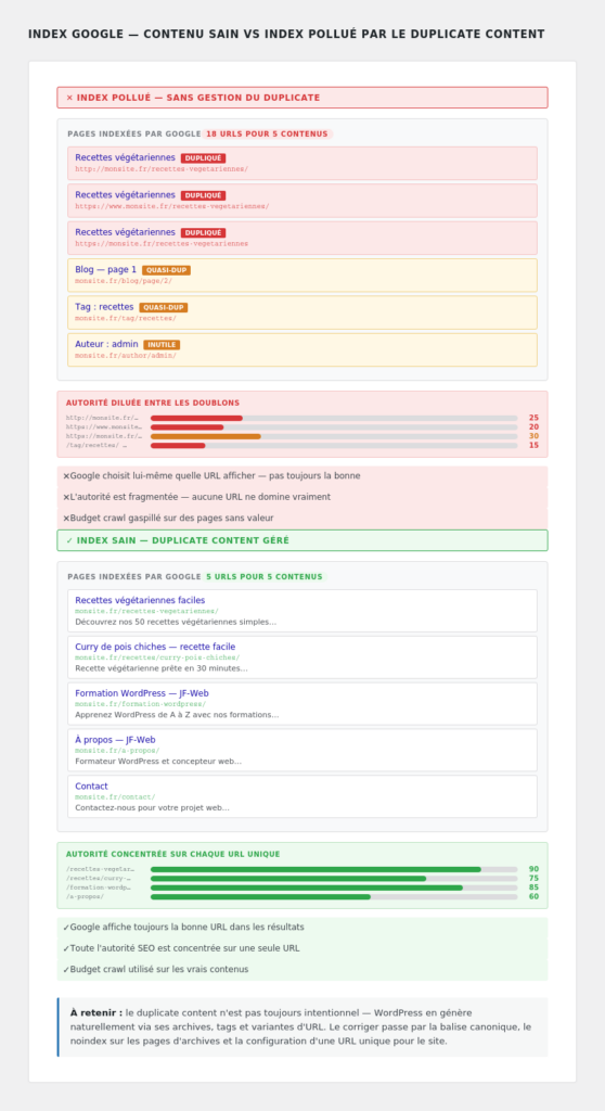 Comparaison index Google sain vs index pollué par le duplicate content