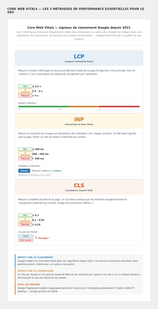 Les 3 Core Web Vitals : LCP, INP, CLS Définitions, seuils et impact utilisateur