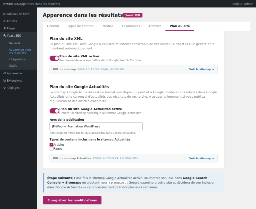 Interface Rank Math Pro : module News Sitemap activé et configuré avec nom de publication et types de contenus