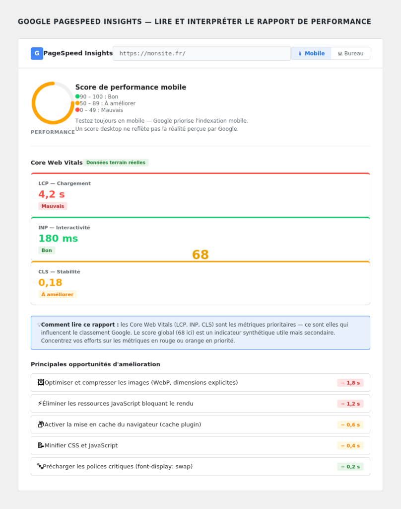 score de performance, métriques Core Web Vitals annotées et opportunités d'amélioration