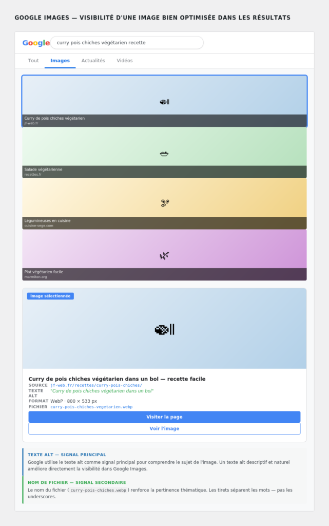 Résultat dans Google Images : image bien référencée avec texte alt, nom de fichier et URL propre visibles dans le panneau de détail