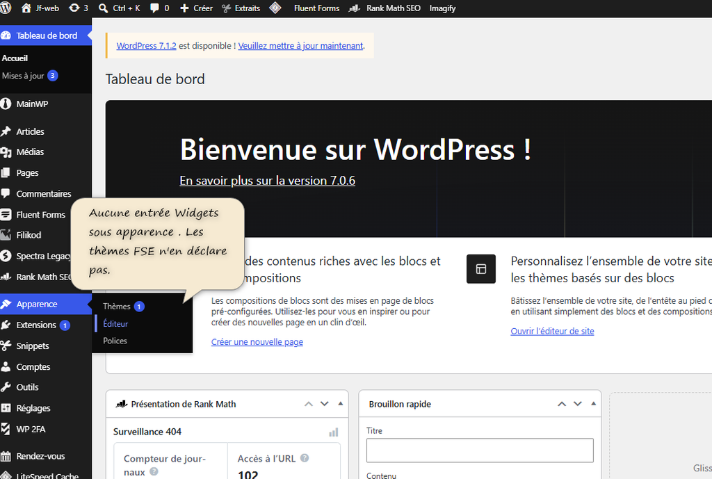 tableau de bord WordPress version thème FSE sans le menu widgets dans Apparence