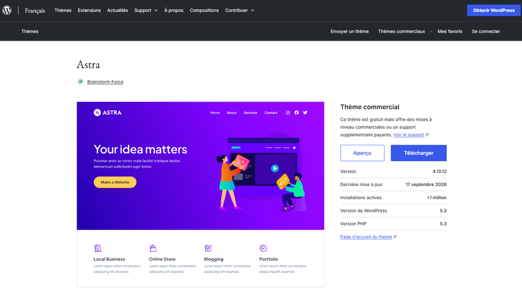 fiche complète d'un thème sur wordpress.org