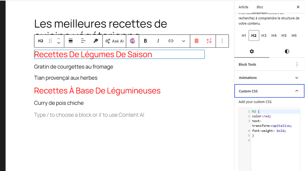 panneau "Custom CSS" enrichi par l'extension Spectra