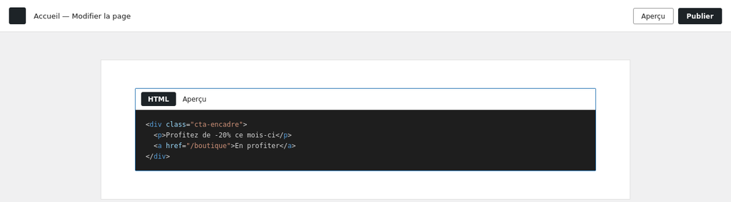 bloc HTML personnalisé avec code et bouton Aperçu