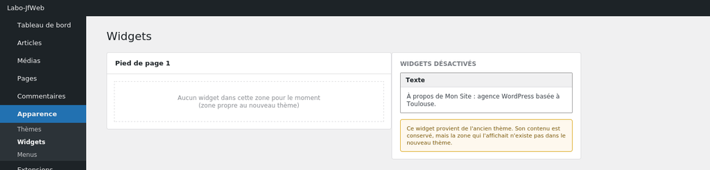 écran Widgets, widget basculé dans "Widgets désactivés" après un changement de thème