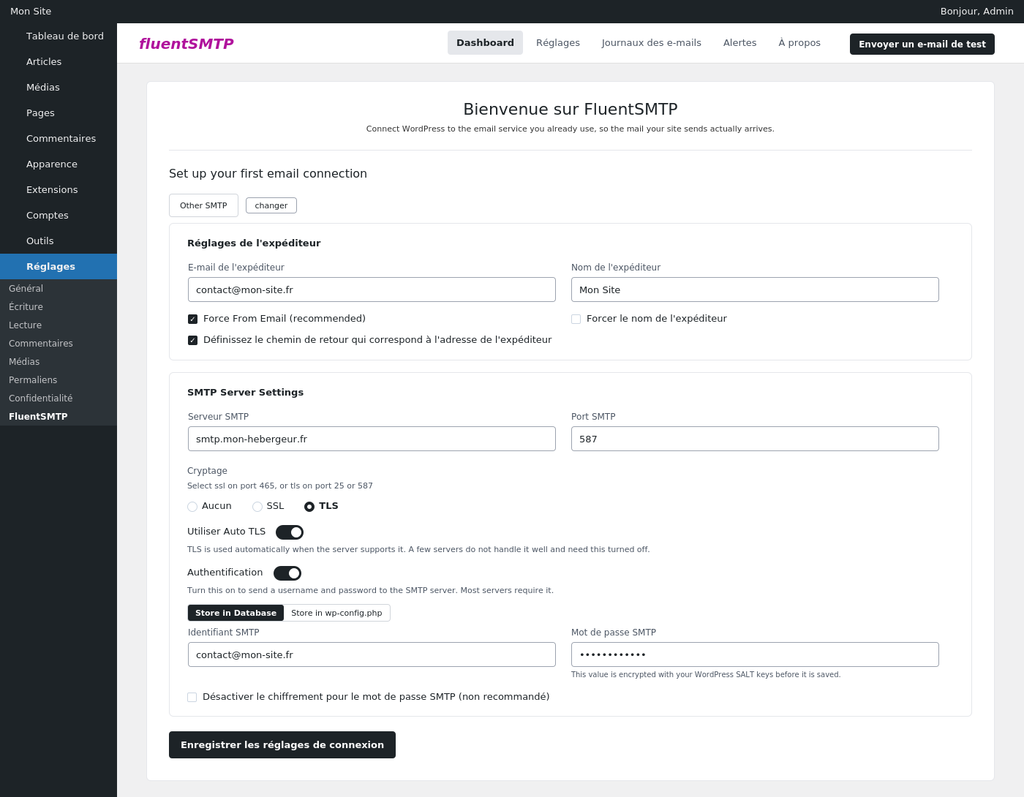 formulaire de réglage de Fluent SMTP complété avec des données d'exemple.