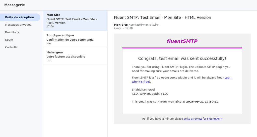e-mail de test reçu dans la boîte de réception