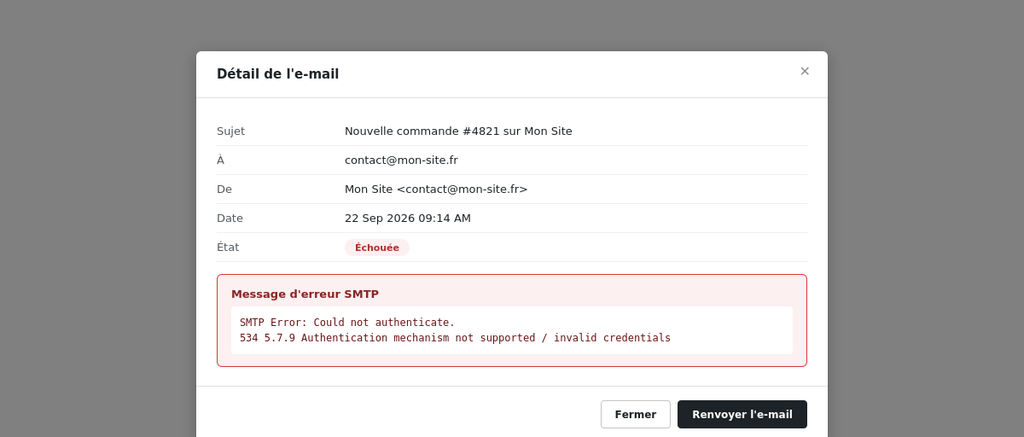 détail d'un e-mail en échec avec message d'erreur SMTP