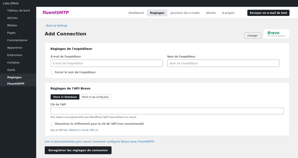 écran "Add Connection" Brevo dans FluentSMTP