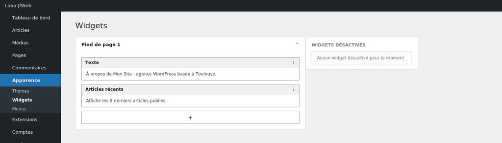 Sur les versions antérieures à WordPress 5.9 le menu Widgets apparaît dans Apparence